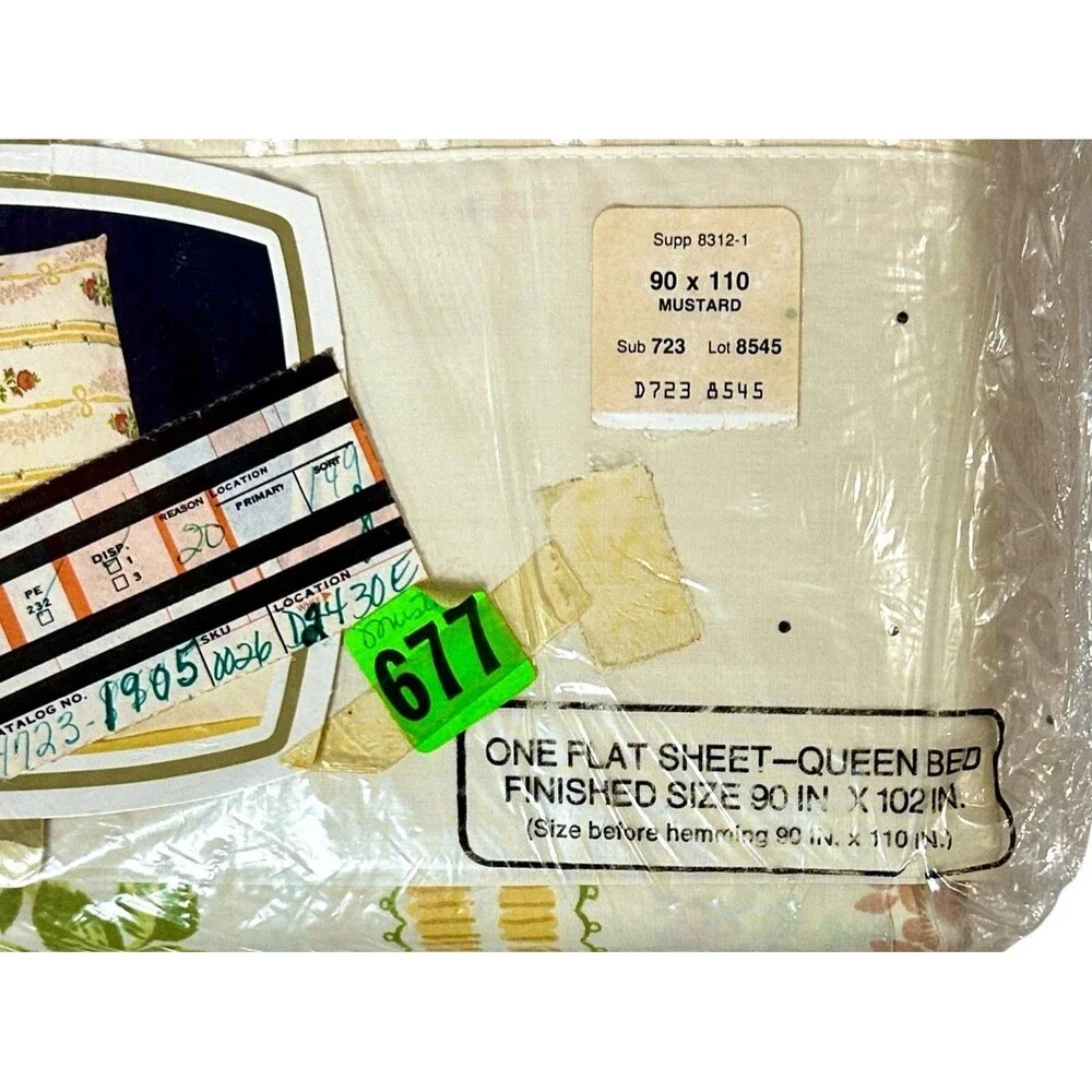 Vintage JC Penney Queen Flat Sheet Floral Yellow Ribbons Bows Embroidered Hearts
